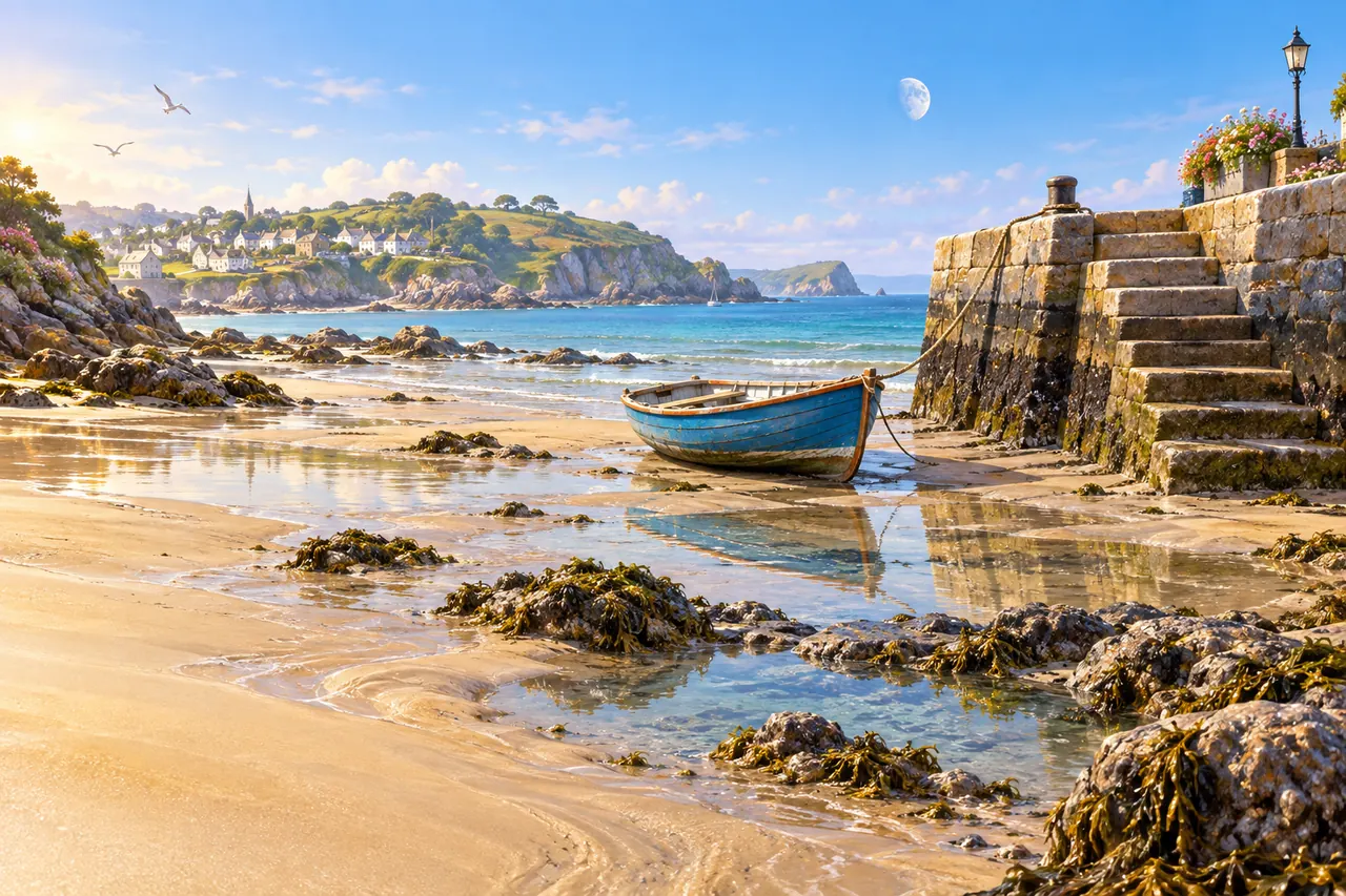At low tide, a blue rowing boat rests on wet sand beside exposed harbour steps in a sunlit bay
